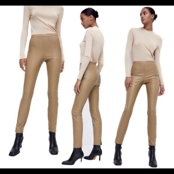 Zara Taupe brown vegan faux leather leggings zipper slit hem Sz L - Picture 15 of 15